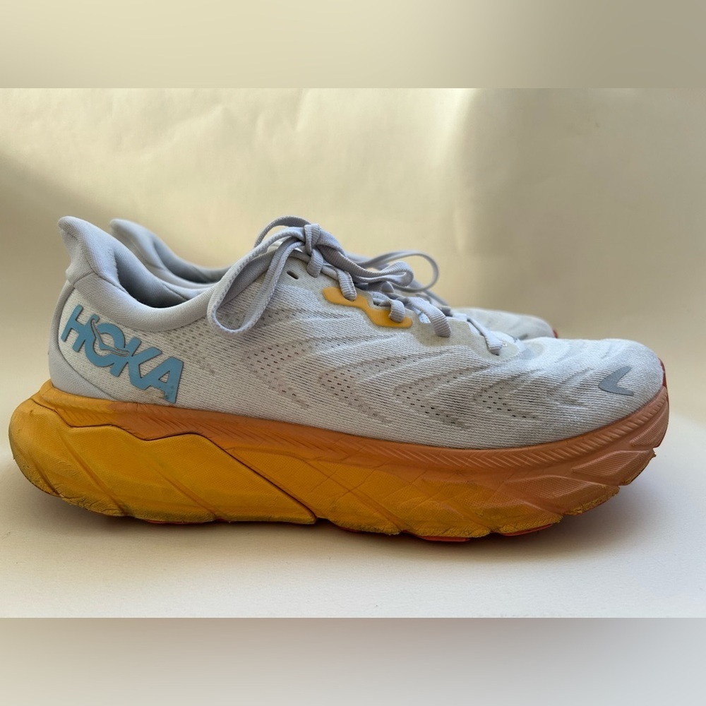 Hoka White Mesh Running Shoes with Yellow-Orange Gradient Midsole